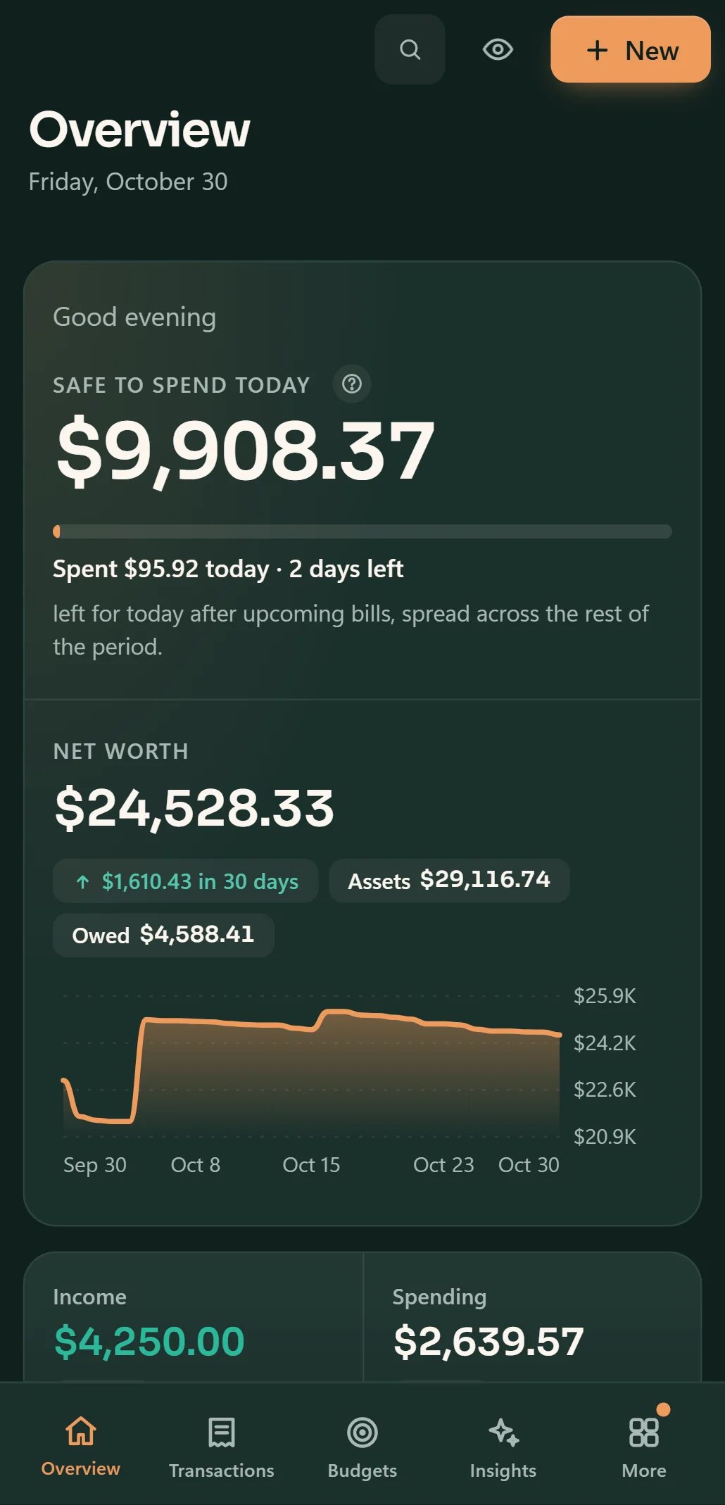 Penny on Android: the Overview with what is safe to spend today and net worth over 30 days
