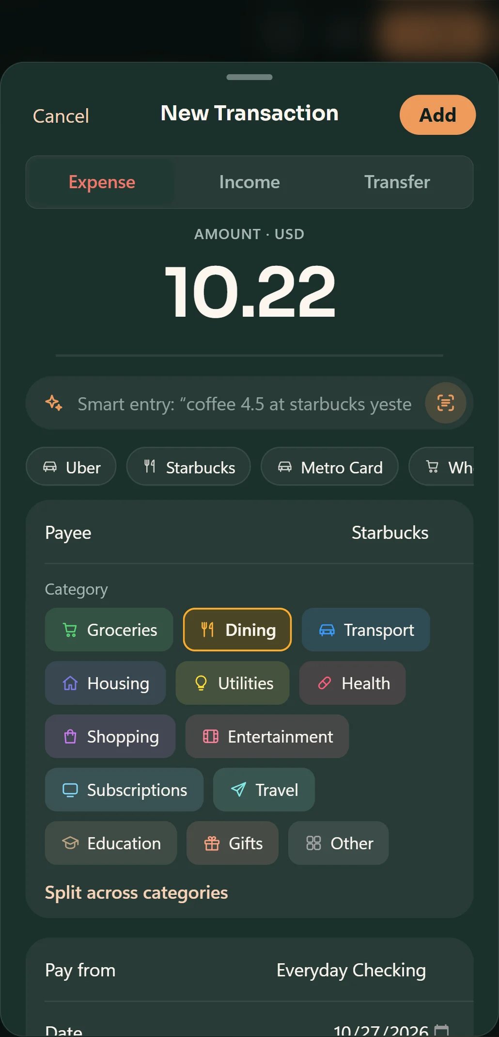 Penny on Android: a receipt read into a new transaction, $10.22 at Starbucks, filed under Dining